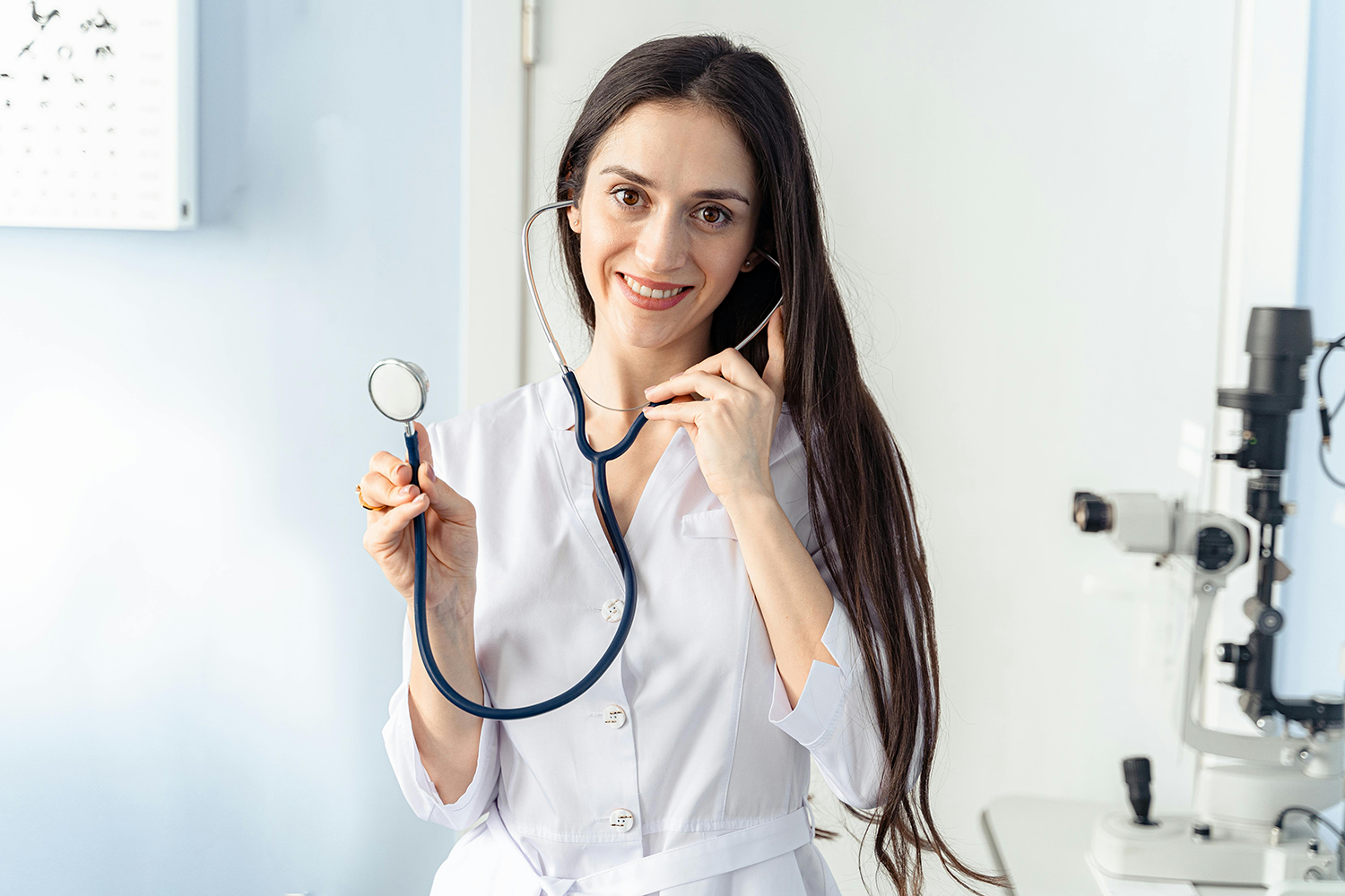 A female doctor with long dark hair, smiling while holding a stethoscope and talking on the phone in a medical examination room.